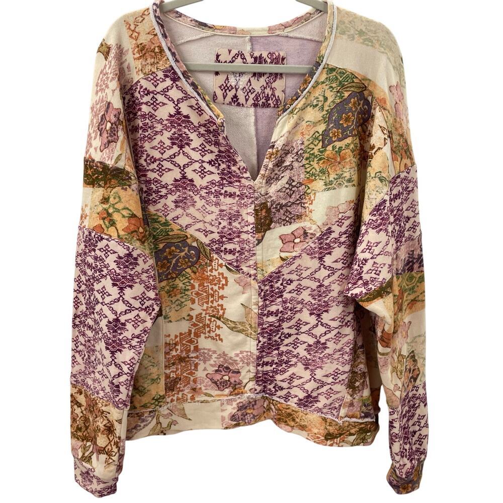 Anthropologie Pilcro L Patchwork Split Neck Sweatshirt Floral Boho Casual - Picture 3 of 9